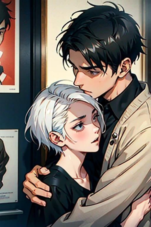 Girl with short white hair small and really skinny, passionately kissing and hugging a guy with short black hair while he holds a cigarette, manga page with panels and dialogue    