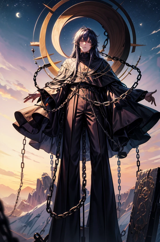 ((best quality)), ((masterpiece)), (detailed), god of destruction, godliness, destruction, chains, he controls chains, he is holding a sphere. He has dark clothing, purple, black. The sphere is dark and has chains going around it. Behind him is the moon. He is a male, male, long pants, more chains, fix