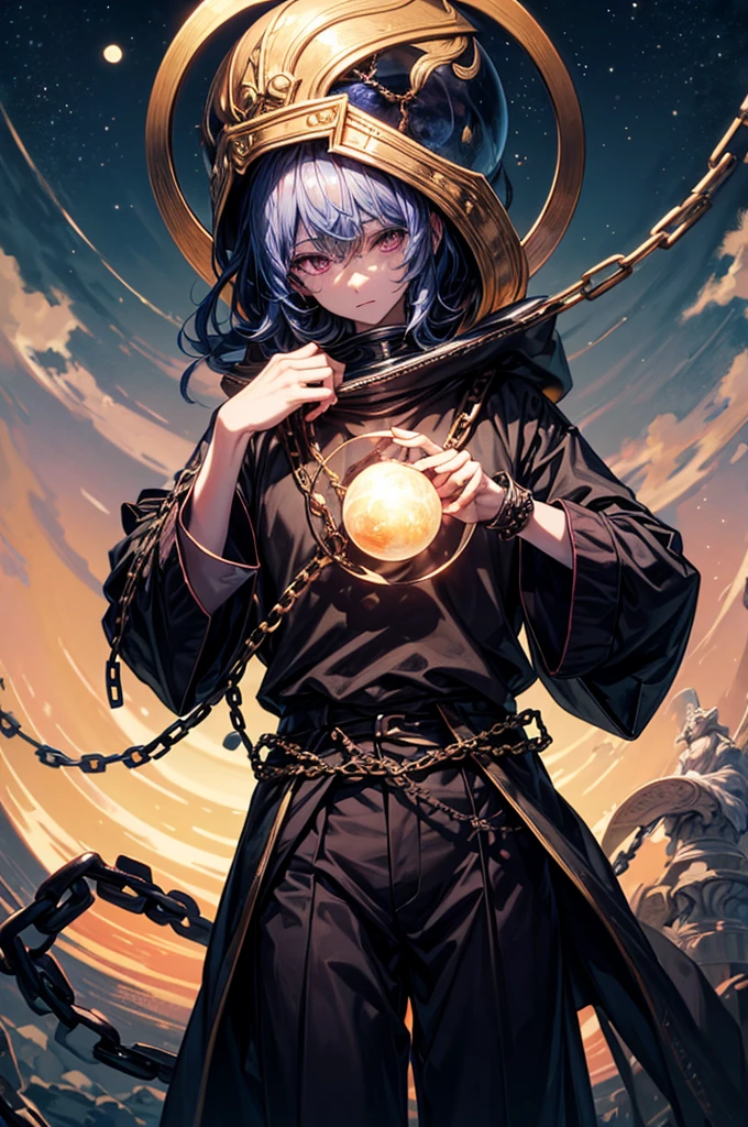 ((best quality)), ((masterpiece)), (detailed), god of destruction, godliness, destruction, chains, he controls chains, he is holding a sphere. He has dark clothing, purple, black. The sphere is dark and has chains going around it. Behind him is the moon. He is a male, male, long pants, more chains, fix