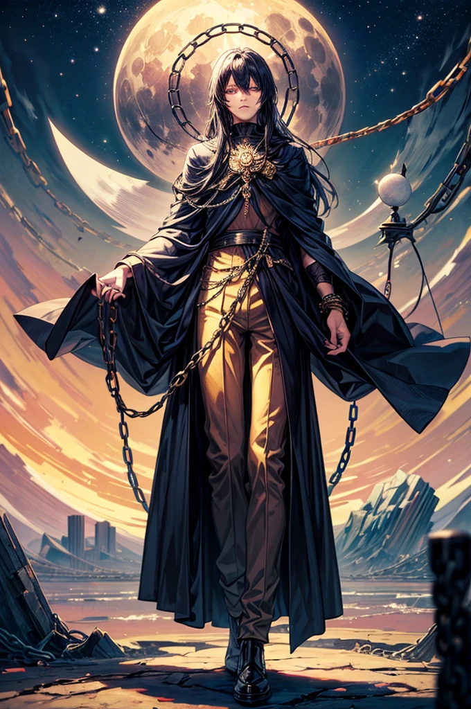 ((best quality)), ((masterpiece)), (detailed), god of destruction, godliness, destruction, chains, he controls chains, he is holding a sphere. He has dark clothing, purple, black. The sphere is dark and has chains going around it. Behind him is the moon. He is a male, male, long pants, more chains, fix 