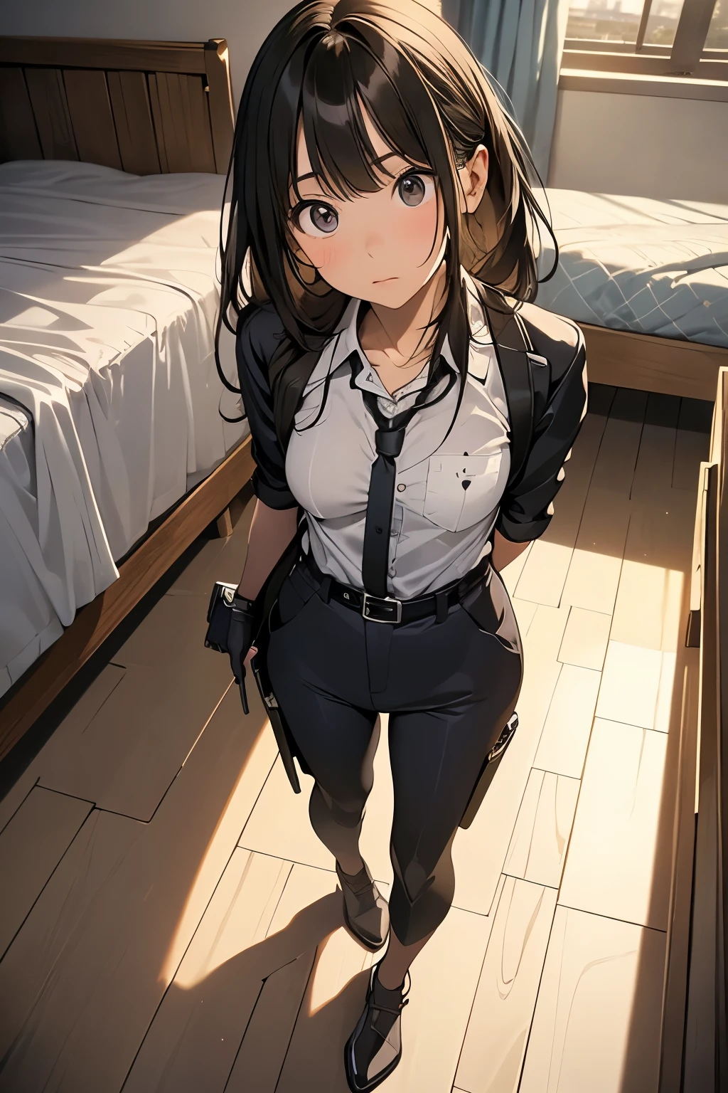 high quality, masterpiece, Ultra-high resolution, (realism: 1.4), Oil painting style, Cinema Lighting, An endless grassland dotted with a few houses, I stood on the empty asphalt road and looked at it., Fairy Mountain々was shrouded in mist, And the suspenders with the cranes flying　　　Moderate breasts　 　 　　　　Small face　 　　　holster　　　Beautiful woman　　　　 Lying in bed　Looking up　　　　Sweat 　　　belt　summer　脇Sweat 　Black Hole Gloves　suit　shirt　　Black jacket　 Black trousers　Leg Links　ズボンにbelt　　holster　Nipples showing through clothes, caught　　Hands behind your back　 Anxious expression　Looking up　Anxious face