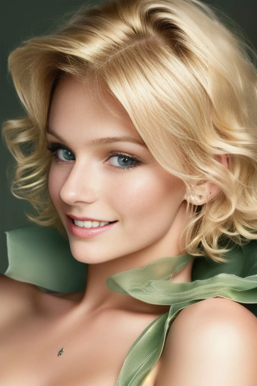 blond woman smiling at the camera, nina tryggvadottir, color portrait, taken in the mid 2000s, detailed color portrait, taken in the late 2000s, photo of a woman, probably in her 30s, nina masic, in her early 3 0, colour portrait photograph. Short blonde hair. Short wavy hair. Short bleach blond hair, perfect green eyes. (((Bare shoulders, bare neck, cnaked, ))). BIBC.