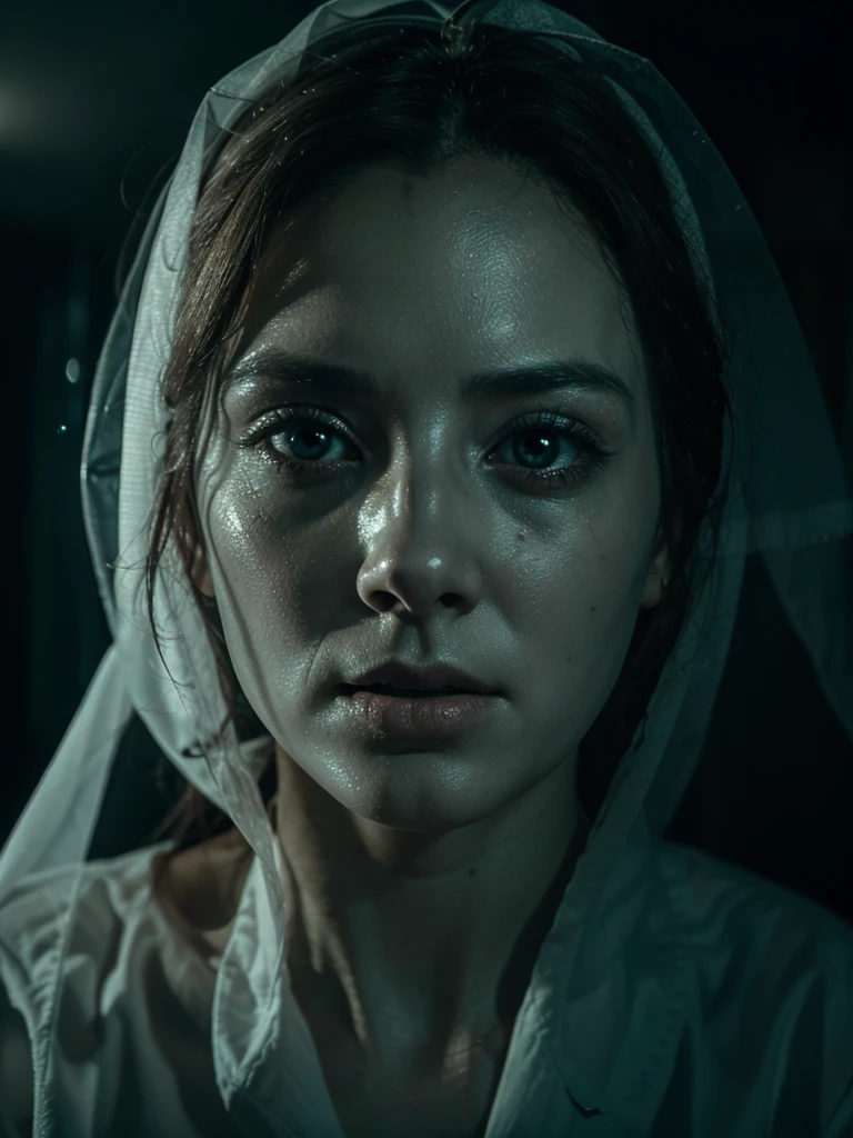 Close-up of a scary ghost in the dark, it has translucent skin and empty eyes, movie still from a horror movie, cinematic, aesthetic