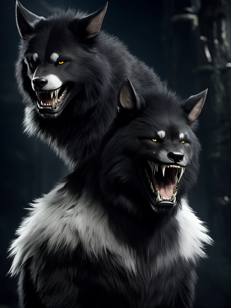 An imposing creature about five feet tall at the shoulders. Its athletic and muscular build is covered in black fur, absorbing the light around it. His eyes are large and white, without pupils, emitting an opaque glow that seems to penetrate the soul of whoever looks at him. The claws and teeth, sharp as blades, are a contrasting white. The fur around his chest is partially missing, revealing an area where shadows stir and move hypnotically. His body appears to be an extension of the shadows, making it difficult to discern where he ends and the darkness begins. When it smiles, it displays bright, irregular teeth emerging from the darkness of its snout.
