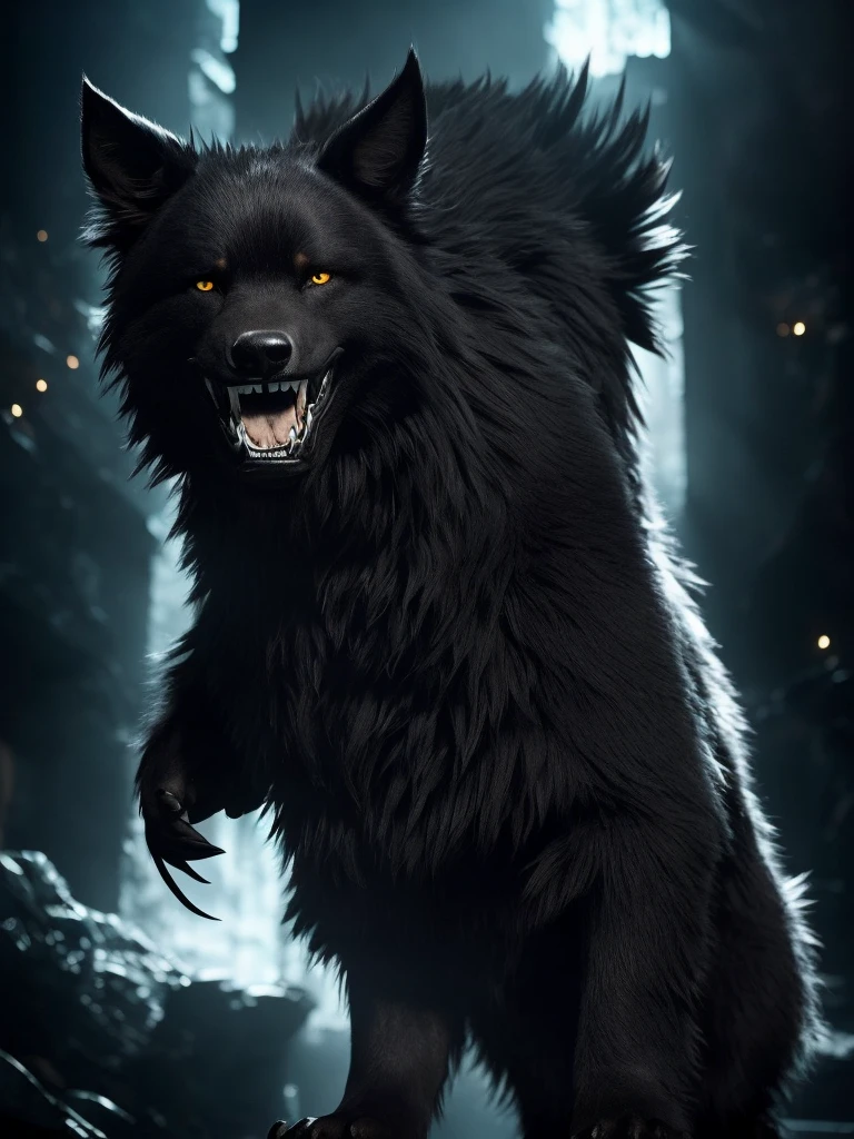 An imposing creature about five feet tall at the shoulders. Its athletic and muscular build is covered in black fur, absorbing the light around it. His eyes are large and white, without pupils, emitting an opaque glow that seems to penetrate the soul of whoever looks at him. The claws and teeth, sharp as blades, are a contrasting white. The fur around his chest is partially missing, revealing an area where shadows stir and move hypnotically. His body appears to be an extension of the shadows, making it difficult to discern where he ends and the darkness begins. When it smiles, it displays bright, irregular teeth emerging from the darkness of its snout.