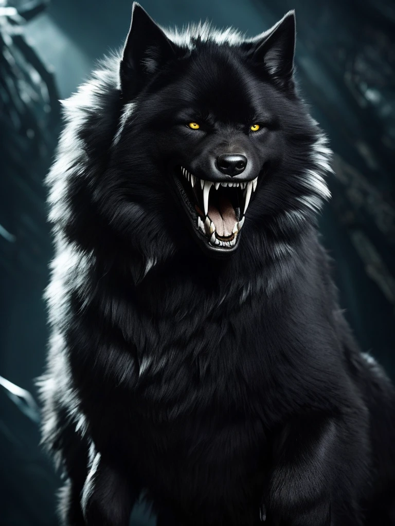 An imposing creature about five feet tall at the shoulders. Its athletic and muscular build is covered in black fur, absorbing the light around it. His eyes are large and white, without pupils, emitting an opaque glow that seems to penetrate the soul of whoever looks at him. The claws and teeth, sharp as blades, are a contrasting white. The fur around his chest is partially missing, revealing an area where shadows stir and move hypnotically. His body appears to be an extension of the shadows, making it difficult to discern where he ends and the darkness begins. When it smiles, it displays bright, irregular teeth emerging from the darkness of its snout.