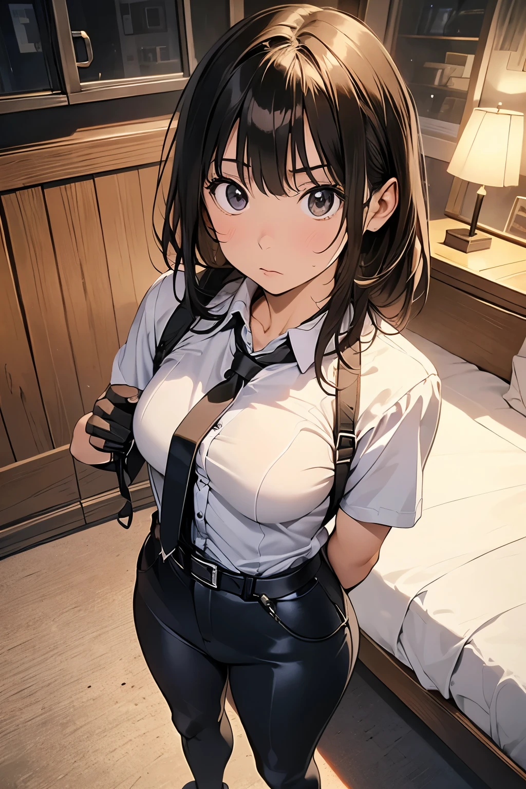 high quality, masterpiece, Ultra-high resolution, (realism: 1.4), Oil painting style, Cinema Lighting, An endless grassland dotted with a few houses, I stood on the empty asphalt road and looked at it., Fairy Mountain々was shrouded in mist, And the suspenders with the cranes flying　　　Moderate breasts　 　 　　　　Small face　 　　　holster　　　Beautiful woman　　　　 Lying in bed　Looking up　　　　Sweat 　　　belt　summer　脇Sweat 　Black Hole Gloves　suit　shirt　　Black jacket　 Black trousers　Leg Links　ズボンにbelt　　holster　Nipples showing through clothes, caught　　Hands behind your back　 Anxious expression　Looking up　Anxious face