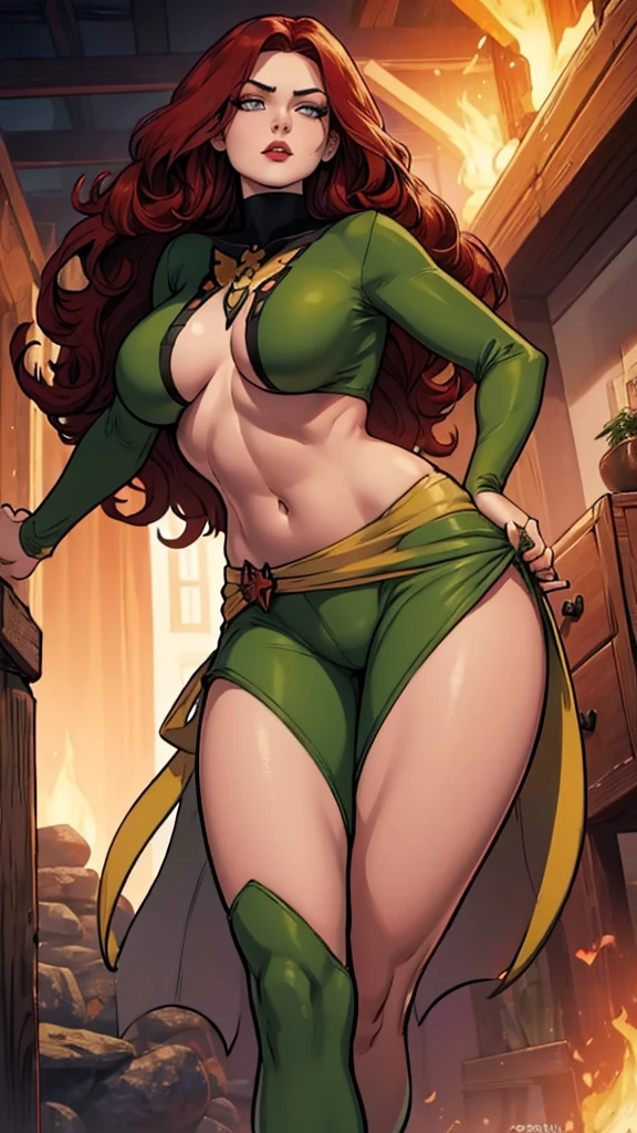 A sexy Russian woman big breasted beautiful cute long wavy dark red hair her gray eye big black eyebrow big eyelash black red lip soft cheek she dresses dark green corse shows navel and light green pants big thigh sensual yellow boot