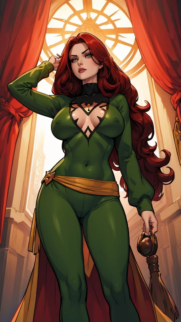 A sexy Russian woman big breasted beautiful cute long wavy dark red hair her gray eye big black eyebrow big eyelash black red lip soft cheek she dresses dark green corse shows navel and light green pants big thigh sensual yellow boot