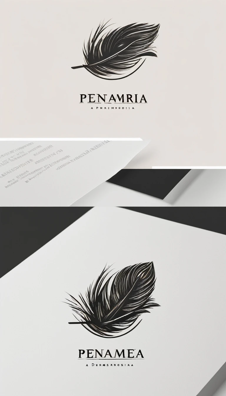 A minimal, modern, simple, cinematic logo design for the brand “Penamemoria". Create a modern, minimalistic, high-quality, logo of a boy inside a nest made of feathers. The logo must be a symbol for dreams, stories, memories, music and imagination.