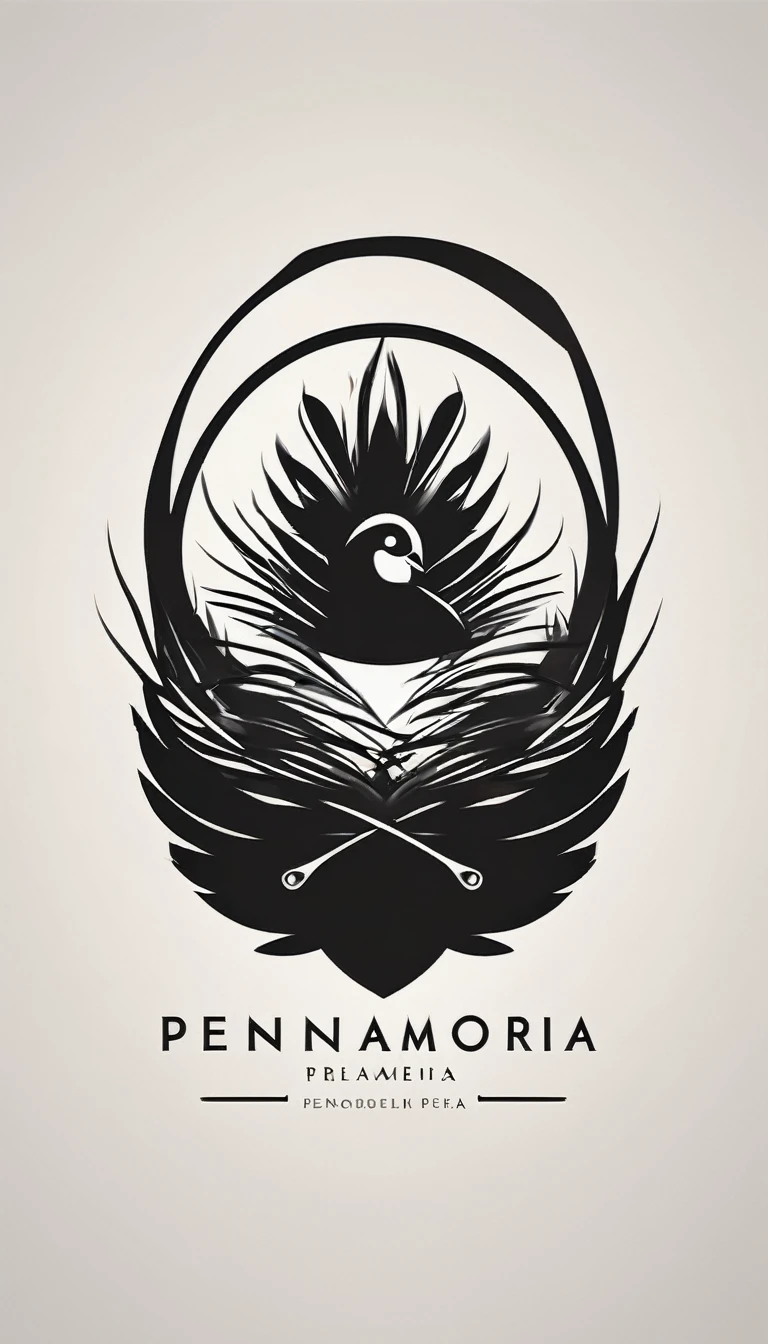 A minimal, modern, simple, cinematic logo design for the brand “Penamemoria". Create a modern, minimalistic, high-quality, logo of a boy inside a nest made of feathers. The logo must be a symbol for dreams, stories, memories, music and imagination.