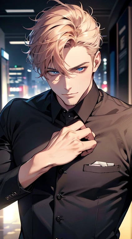 (best quality,4k,8k,highres,masterpiece:1.2),ultra-detailed,(realistic,photorealistic,photo-realistic:1.37),1 man,31 years old,mature man,very handsome,without expression,smile,short red white hair,blue eyes,penetrating gaze,perfect face without errors,imposing posture,businessman,office background,cinematic lighting,hdr image