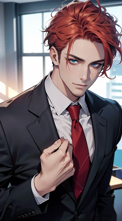 (best quality,4k,8k,highres,masterpiece:1.2),ultra-detailed,(realistic,photorealistic,photo-realistic:1.37),1 man,31 years old,mature man,very handsome,without expression,smile,short red white hair,blue eyes,penetrating gaze,perfect face without errors,imposing posture,businessman,office background,cinematic lighting,hdr image