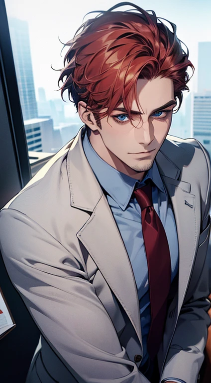(best quality,4k,8k,highres,masterpiece:1.2),ultra-detailed,(realistic,photorealistic,photo-realistic:1.37),1 man,31 years old,mature man,very handsome,without expression,smile,short red white hair,blue eyes,penetrating gaze,perfect face without errors,imposing posture,businessman,office background,cinematic lighting,hdr image