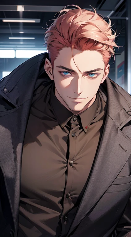 (best quality,4k,8k,highres,masterpiece:1.2),ultra-detailed,(realistic,photorealistic,photo-realistic:1.37),1 man,31 years old,mature man,very handsome,without expression,smile,short red white hair,blue eyes,penetrating gaze,perfect face without errors,imposing posture,businessman,office background,cinematic lighting,hdr image