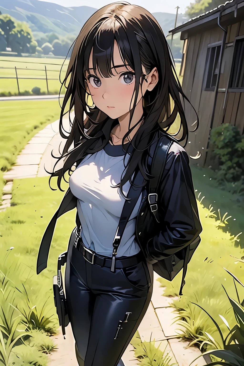 high quality, masterpiece, Ultra-high resolution, (realism: 1.4), Oil painting style, Cinema Lighting, An endless grassland dotted with a few houses, I stood on the empty asphalt road and looked at it., Fairy Mountain々was shrouded in mist, And the suspenders with the cranes flying Moderate breasts Small face holster Beautiful woman Lying in bed Looking up Sweat belt summer 脇Sweat Black Hole Gloves suit shirt Black jacket Black trousers Leg Links ズボンにbelt holster Nipples showing through clothes, caught Hands behind your back Anxious expression Looking up Anxious face