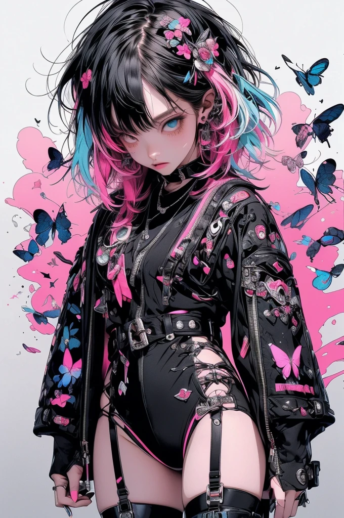 ((((dramatic))), (((Grainy))), (((intense))) film poster featuring a young neon blue hair woman as the central character. She stands have confidencely in the center of the poster, wearing a stylish and edgy leather corset lace panties and thigh high boots with lots of straps buckles and zippers, with a determined Performance on her face. The background is aesthetic atmospheric dark and Grainy, Cherry blossoms and butterflies blowing in the wind, With danger and tension. The article is bold and to attract attention, with a Catchy tagline that adds to the overall feeling of drama and excitement. The color palette is mainly dark with splashes of Vibrant neon colors, giving the poster a dynamic and visually impressive appearance,tachi-e
(magazine:1.3), (cover-style:1.3), fashionable, woman, Vibrant, Costume, Sexy seductive poses, front, colorful, dynamic, background, element, have confidence, Performance, Holding, statement, accessories, Majestic, Coiled, The surrounding area, touch, scene, article, cover, bold, to attract attention, title, stylish, font, Catchy, Heading, big, impressive, Modern, trend, concentrated, fashion,