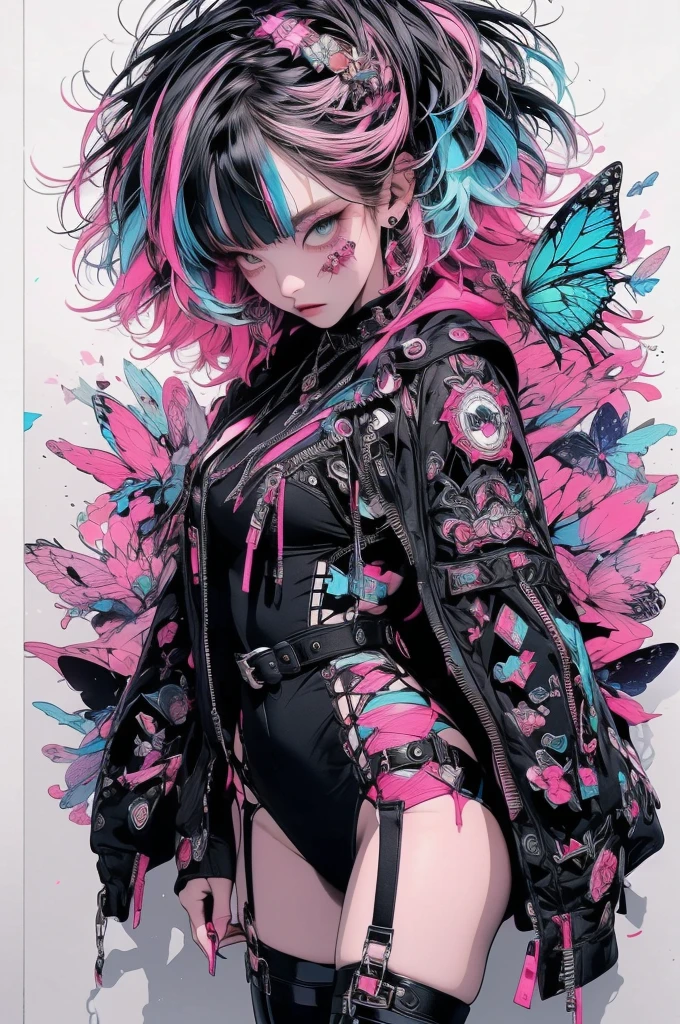 ((((dramatic))), (((Grainy))), (((intense))) film poster featuring a young neon blue hair woman as the central character. She stands have confidencely in the center of the poster, wearing a stylish and edgy leather corset lace panties and thigh high boots with lots of straps buckles and zippers, with a determined Performance on her face. The background is aesthetic atmospheric dark and Grainy, Cherry blossoms and butterflies blowing in the wind, With danger and tension. The article is bold and to attract attention, with a Catchy tagline that adds to the overall feeling of drama and excitement. The color palette is mainly dark with splashes of Vibrant neon colors, giving the poster a dynamic and visually impressive appearance,tachi-e
(magazine:1.3), (cover-style:1.3), fashionable, woman, Vibrant, Costume, Sexy seductive poses, front, colorful, dynamic, background, element, have confidence, Performance, Holding, statement, accessories, Majestic, Coiled, The surrounding area, touch, scene, article, cover, bold, to attract attention, title, stylish, font, Catchy, Heading, big, impressive, Modern, trend, concentrated, fashion,