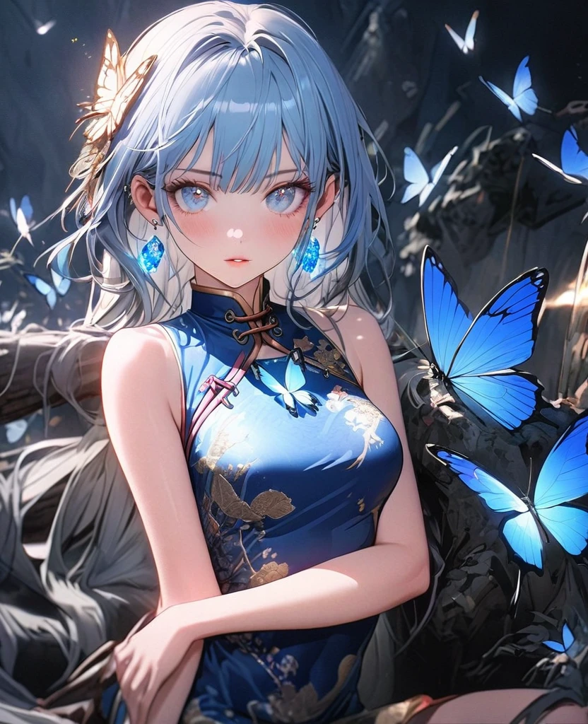 8K,gal，an extremely delicate and beautiful,Beautiful and realistic skin,Shiny jewel-like earrings,glowing tattoo,Long blue hair,beautiful eyes,whole body,beautiful butterfly ,beautiful china dress