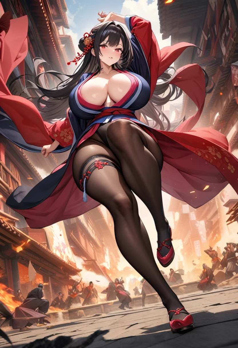 1 handsome woman, whole body, Black long hair, Gorgeous hair accessories, Red Eyes, Embroidered shoes, rad hanfu, martial arts master，Tall, Slender and fleshy thighs，Pantyhose，Thigh straps,huge 、huge breasts，High detail showing chest, Big Ass，Ultra-high resolution, Clear focus, Epic Composition, masterpiece, (Highly detailed CG Unity 8k wallpaper)