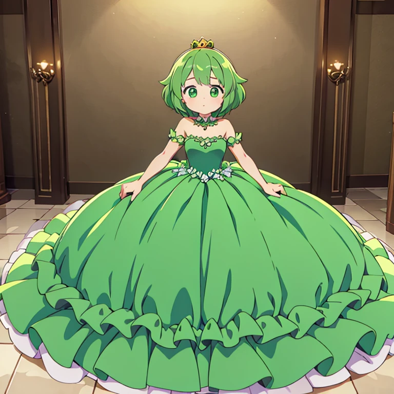 Full body, beautiful eyes , 1 girl  , full body , cute girl , anime style , cute eyes  , (standing up) ,  , crown , hidden legs ,( princess) , (ballgown covers legs) , green hair , green eyes , 5 flat protrusions on back ,  (ball gown)