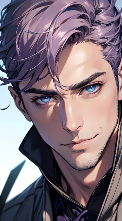 (best quality,4k,8k,highres,masterpiece:1.2),ultra-detailed,(realistic,photorealistic,photo-realistic:1.37),1 man,31 years old,mature man,very handsome,without expression,smile,short grey purple hair,blue eyes,penetrating gaze,perfect face without errors,imposing posture,businessman,office background,cinematic lighting,hdr image