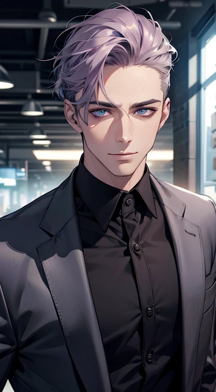 (best quality,4k,8k,highres,masterpiece:1.2),ultra-detailed,(realistic,photorealistic,photo-realistic:1.37),1 man,31 years old,mature man,very handsome,without expression,smile,short grey purple hair,blue eyes,penetrating gaze,perfect face without errors,imposing posture,businessman,office background,cinematic lighting,hdr image