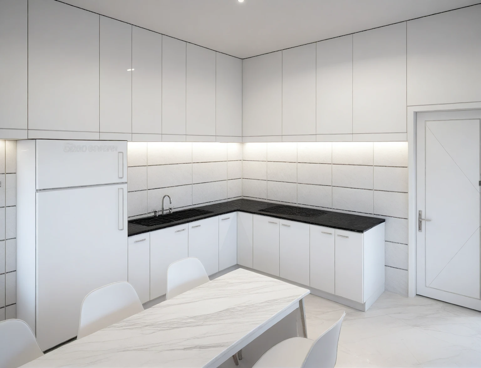 Raw photo,Masterpiece, high quality, best quality, authentic, super detail,
indoors, interior , ((kitchen and dining :1.3)), modern style, daylight, (WHITE WALL),luxury, marble tile floor, fridge, black stone counter top