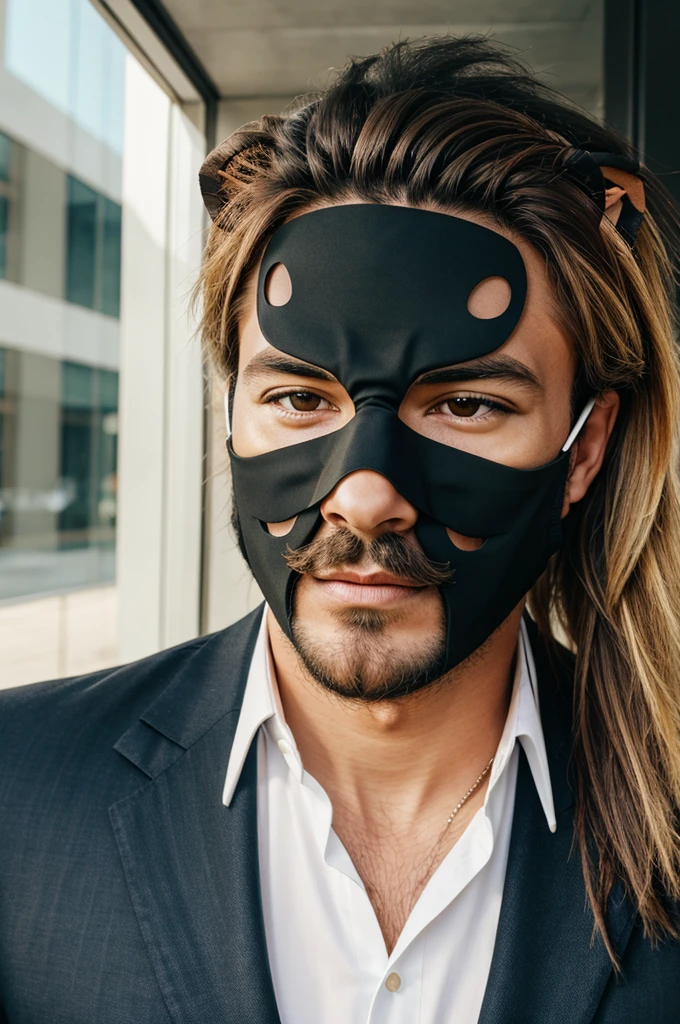 Mask on lion face with business man body
