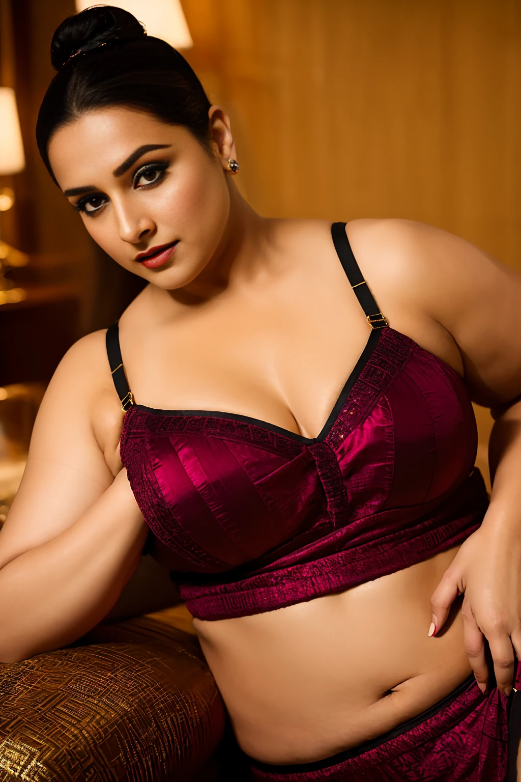 Visualize an alluring artwork featuring a character reminiscent of Vidya Balan, embodying a confident, plus-size MILF exhibitionist with small breasts. She exudes an irresistible charm, draped in a lingerie set crafted from liquid satin, its shiny texture enhancing her curves and radiance. The ensemble includes a provocative teddy with intricate straps and a crotchless design, perfect for sensual play.

The artwork tastefully highlights the "large canal between the two breasts," emphasizing its contours with the lustrous fabric's reflection and subtle shadows. The character stands in a relaxed posture that defies conventional norms, exuding a blend of confidence and sensuality. Her expression conveys empowerment and allure, captivating viewers with her playful demeanor and bold choice of attire.