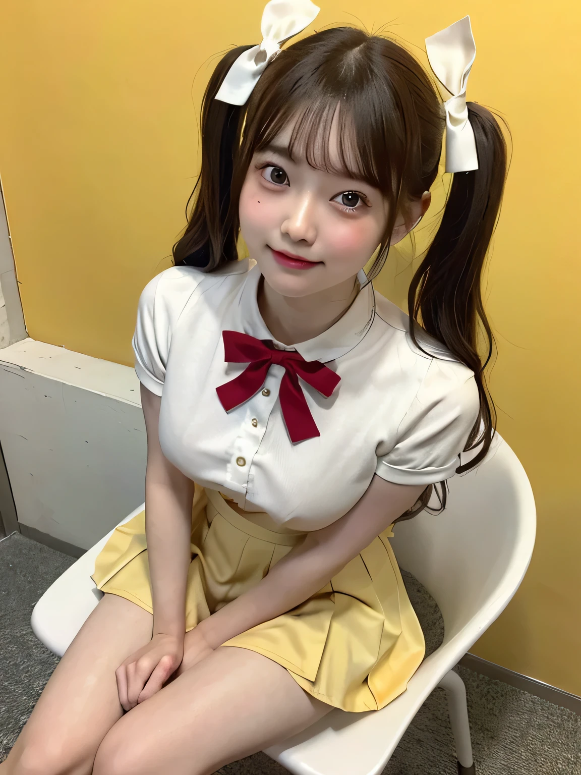 One person、s old、Full body photo,slender、woman、White drool coming out of the mouth、smile、、Short Twin Tails、 Fair skin, messy hair, super cute、Soft and Face、8K resolution、Surreal、Ultra high definition、 A-cup small breasts((Highest resolution、8K、masterpiece:1.3))、Ultra-fine face、Ultra Fine Lips、Beautiful Eyes、double eyelid,Yellow wall、Sailor suit with red ribbon、White Skirt、Thighs、thin,Thighsが見える、Shapely small breasts、sexy、So cute!,Sitting in a chair、Thighsが見える、