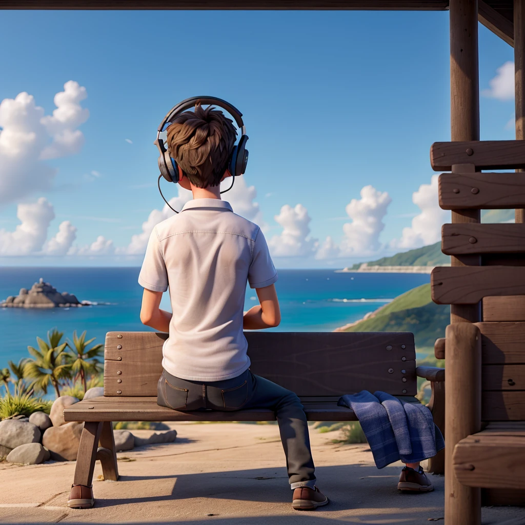 A single boy sitting in a public bench with casual outfits who is listening to music with his headphones seen from a 400 metre of distance from his back but his face cannot be seen and there is no one there but him and there is only a big ocean with no banks in front of him.