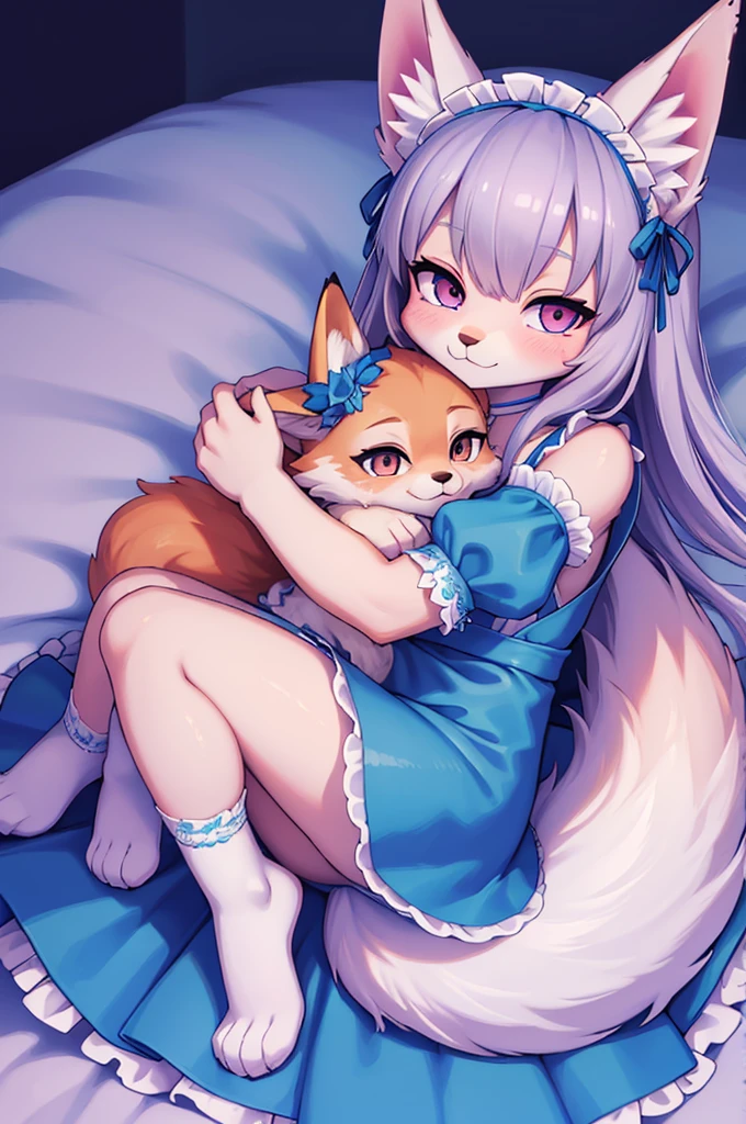 ((best quality)), ((masterpiece)), (Detailed) wolf girl and fox girl, baby blue maid dress and pink maid dresss, cuddle