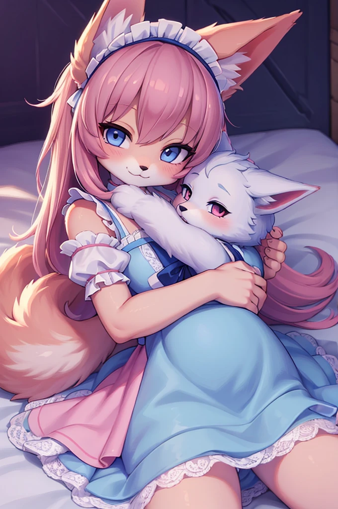 ((best quality)), ((​masterpiece)), (Detailed) wolf girl and fox girl, baby blue maid dress and pink maid dresss, cuddle