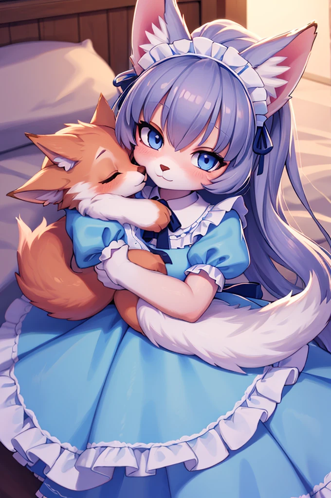 ((best quality)), ((​masterpiece)), (Detailed) wolf girl and fox girl, baby blue maid dress and pink maid dresss, cuddle