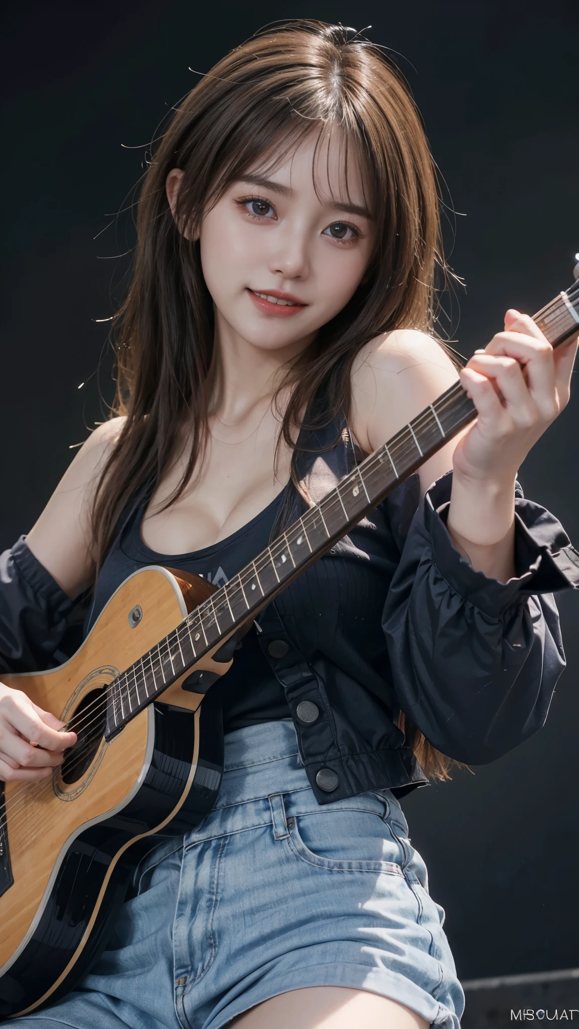 RAW Image Quality、8K resolution、Ultra-high-definition CG images、Girl playing guitar on a neon stage, attractive, (Mischievous Smile), Beautiful breasts, Cleavage, Muse, amazing, Ultra-realistic volume details, Unreal Engine, ((Detailed eyes and face:1.2, Professional photography techniques)), (Photorealism:1.4), (View the viewer)