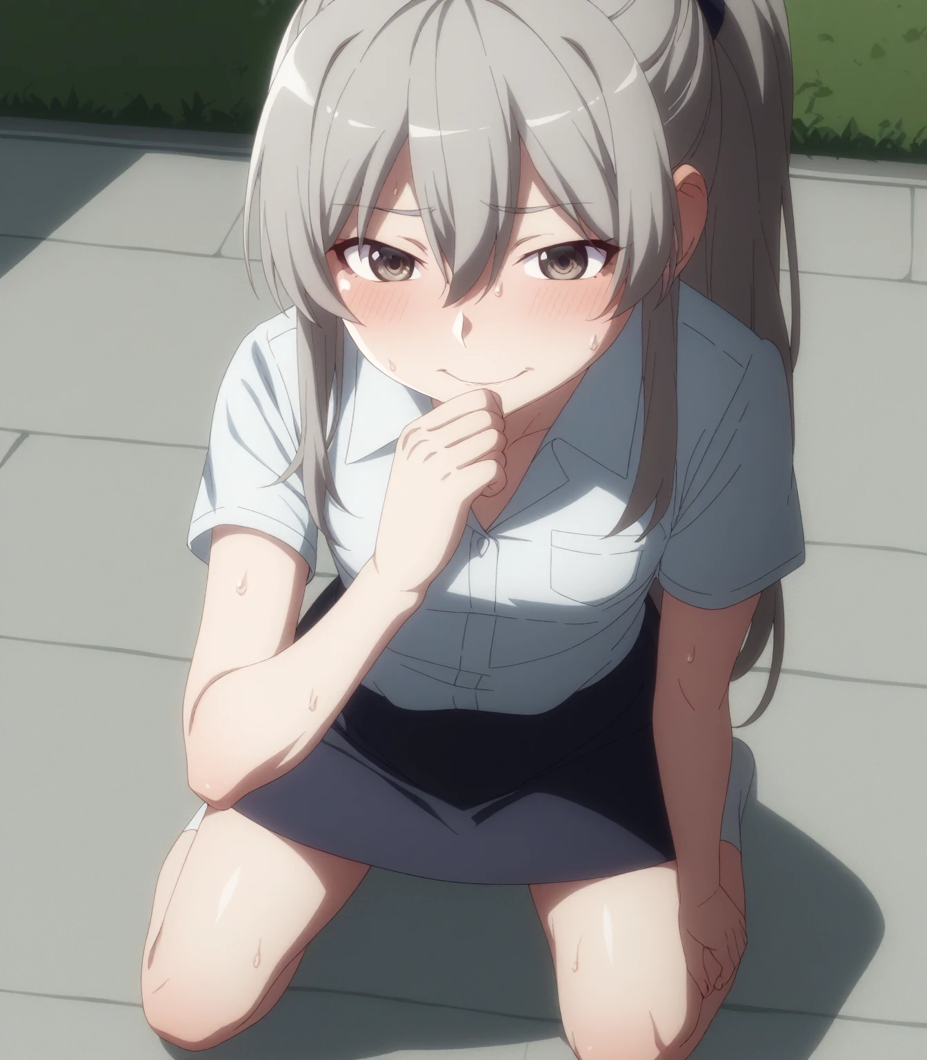 One person、masterpiece、Highest quality、Super detailed、High resolution illustrations、Improve skin quality、Increase eye appeal、Drawn in detail、Perfect body structure、Old woman、Business suit and tight skirt、Blouse half off、Kneeling、Show off a plain-looking bra、Are thin、Small breasts、Tall、Skin blemishes、Skin wrinkles、Aged skin、Wrinkled skin、Outdoor、Embarrassing、Shy laugh、Sweat it out、Sigh、Heat、Gray Hair、Downcast eyes、mole、Long Hair、ponytail、