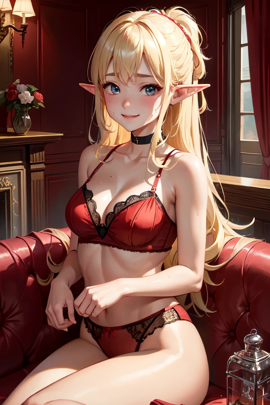 Cinematic lighting、Highest quality、 A room in a Western-style building、Sweaty、(Blonde)、Red and black underwear、Elf girl wearing lingerie、Sweaty、smile、Sitting on the couch、