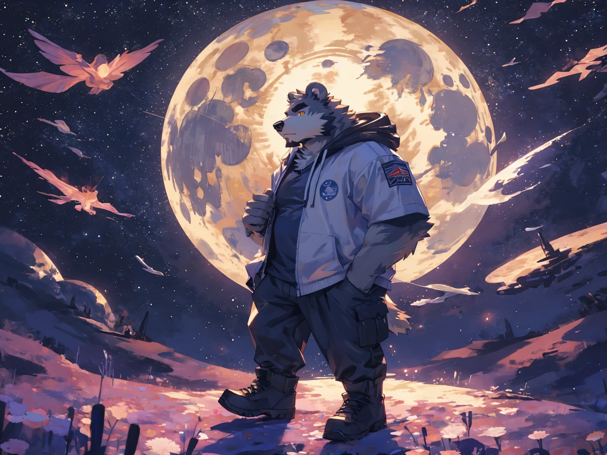 (masterpiece:1.2), best quality,pixiv,official art,perfect anatomy, (Ray tracing, light),solo, (1_male:1.3) , (muscle), (grey fur:1.4), (muscle bear), (beard:1.2), (gleaming golden eyes), bear tail, full body, Thick black eyebrows,(open hoodie parka), (pure white T-shirt inside), (cargo pants:1.2), boots, universe, planet, cosmos ,Galaxy, (on the moon: 1.3), interstellar travel,