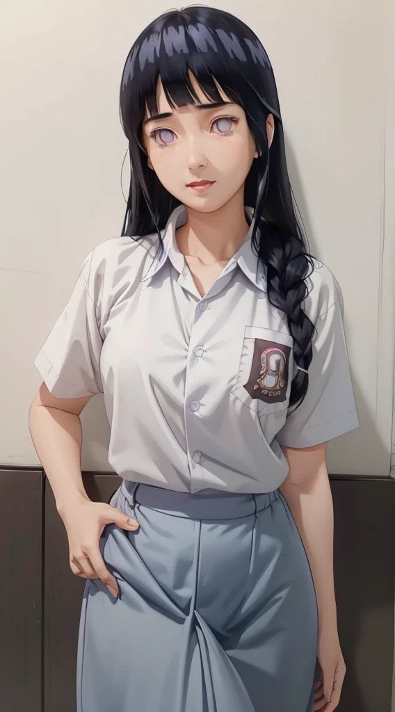 masterpiece, best quality, ultra-detailed, illustration,1girl,
long hair, dark blue hair, french braid, purple eyes, blunt bangs, 
Wearing chostum   uniform school SMA indonesia, stylish,
medium breast,  
looking at viewer, hinata\(shippuden\)1girl photo of woman, selfie style in front of a DSLR camera, high resolution, clear photo quality, HD with white eyes byagugan, striking. His skin is white, and long straight black hair. This character is Hinata Hyuga, the anime Naruto Shipunden. beautiful and smooth face, original hinata character, realistic, very real byagugan eyes, purpil eye color white to faded purple detailed, perfect body, thin smile expression, perfect face, detailed, (pp clothes), (realistic), girl standing, crying , class situation, glanced at the audience.
RAW, Best quality, high resolution, work: 1.3), Young girl, realistically rendered, beautiful, posing facing the viewer's camera, showing perfect facial details, seductive cute expression, in the classroom, ((high school outfit)), orgasm, high resolution, 4k, HDR, 1girl, photorealistic, realistic, big tits, ((half body)) facing viewer, close-up, classroom,
