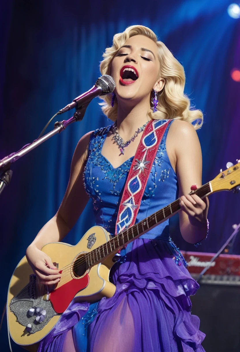 Depicts a blonde singer wearing a purple dress,Standing in front of the microphone and playing the blue guitar to the right。Her guitar has some red and white fish decorations on it.。She is singing,This scene seems to be a performance at a concert or concert.。