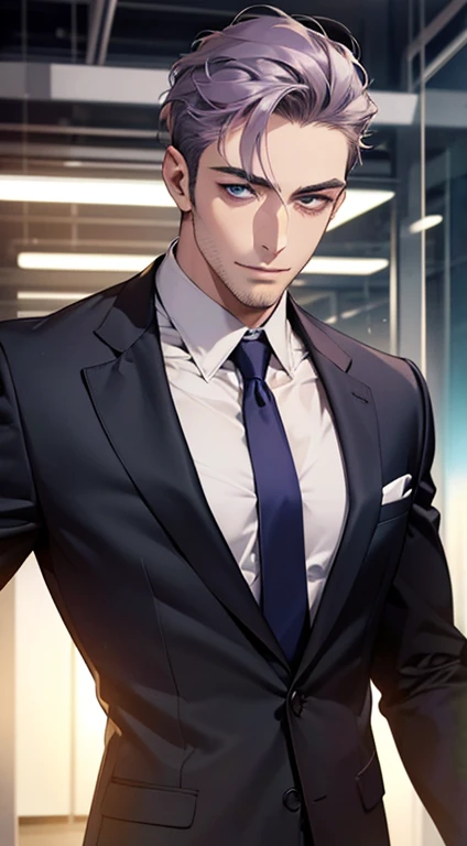 (best quality,4k,8k,highres,masterpiece:1.2),ultra-detailed,(realistic,photorealistic,photo-realistic:1.37),1 man,31 years old,mature man,very handsome,without expression,smile,short grey purple hair,blue eyes,penetrating gaze,perfect face without errors,imposing posture,businessman,office background,cinematic lighting,hdr image