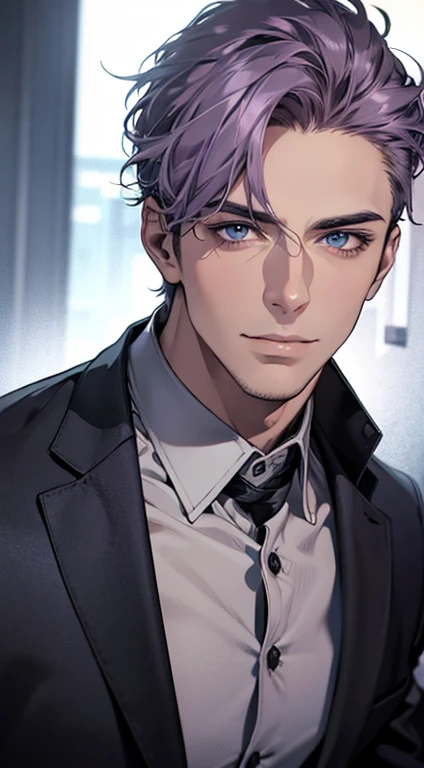 (best quality,4k,8k,highres,masterpiece:1.2),ultra-detailed,(realistic,photorealistic,photo-realistic:1.37),1 man,31 years old,mature man,very handsome,without expression,smile,short grey purple hair,blue eyes,penetrating gaze,perfect face without errors,imposing posture,businessman,office background,cinematic lighting,hdr image