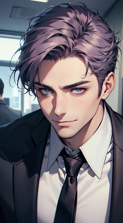 (best quality,4k,8k,highres,masterpiece:1.2),ultra-detailed,(realistic,photorealistic,photo-realistic:1.37),1 man,31 years old,mature man,very handsome,without expression,smile,short grey purple hair,blue eyes,penetrating gaze,perfect face without errors,imposing posture,businessman,office background,cinematic lighting,hdr image