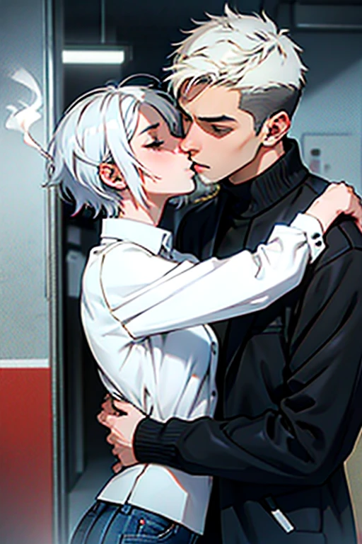 Girl with short white hair small and really skinny, passionately kissing and hugging a guy with short black hair while he holds a cigarette 