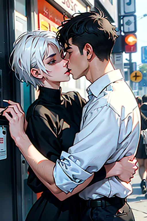 Girl with short white hair small and really skinny, passionately kissing and hugging a guy with short black hair while he holds a cigarette