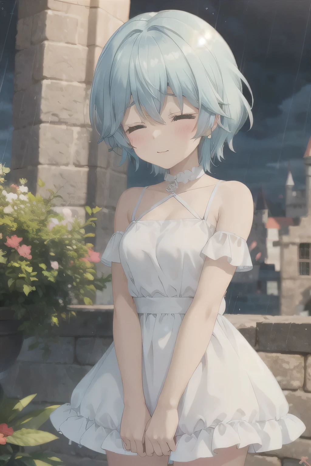 Shyness with eyes closed,Rainy Day,White Dress,Blue Hair,cute,Slightly blush,castle,Night,Dating