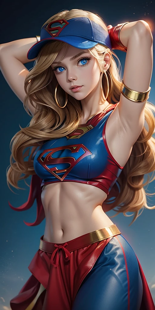 The character Supergirl , perfect costume in the red and blue colors, sweat pants, extremely beautiful blue eyes, gorgeous blond hair