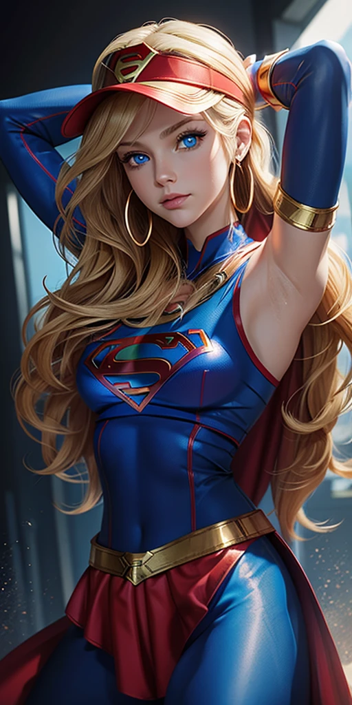The character Supergirl , perfect costume in the red and blue colors, sweat pants, extremely beautiful blue eyes, gorgeous blond hair