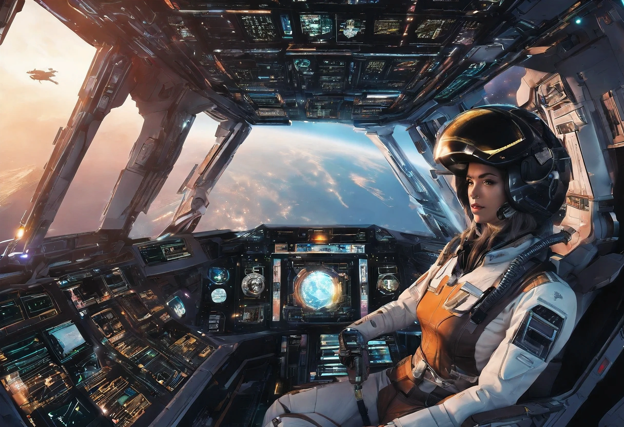 Create a detailed image of a female starfighter pilot in the cockpit of her starfighter, viewed from the front. She is under intense space battle, with explosions and enemy ships visible through the cockpit canopy. The pilot should be wearing a high-tech flight suit, complete with a sleek helmet that has a transparent visor, revealing her focused and determined expression. Her suit should have intricate details, including control interfaces, patches, and futuristic insignia. The cockpit should be filled with advanced controls, glowing holographic displays, and panels with various buttons and switches. The exterior view should show a chaotic space battle, with bright laser beams, explosions, and enemy ships flying in formation. The backdrop of space should be dark with distant stars, creating a high-contrast, dramatic scene. The lighting should emphasize the urgency and intensity of the battle, casting reflections on the pilot's helmet and the cockpit's interior.